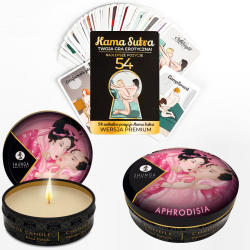 Karty z pozycjami KamaSutra i świeca do masażu Aphrodisia Rose Petals 30ml Shunga